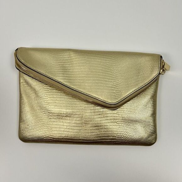 Henri Bendel Gold Lizard Embossed Leather Foldover Clutch - Picture 1 of 8